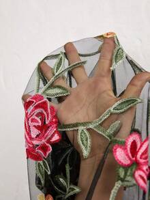 Elenzga Vestido maxi de mujer talla grande con bloque de color de malla floral, cuello en V con lazo, puños con volantes, decoración con cuentas, adecuado para uso diario, Día de San Valentín, fiesta, vestimenta de noche, otoño/invierno - Negro - Ver 3