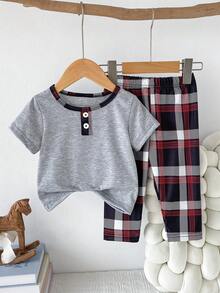 2pcs Baby/Toddler Boys' Casual Gray Short Sleeve Top And Plaid Print Pants Set, Summer Pajamas - Grey - View 1