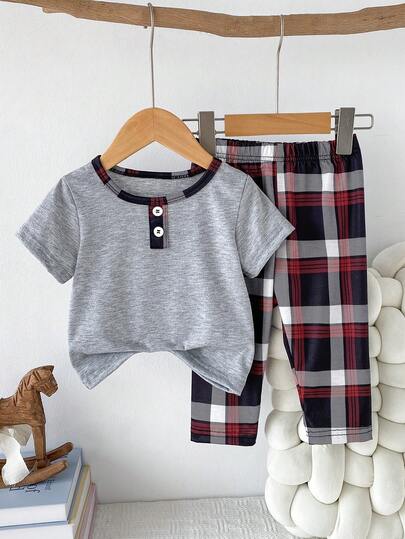 2pcs Baby/Toddler Boys' Casual Gray Short Sleeve Top And Plaid Print Pants Set, Summer Pajamas