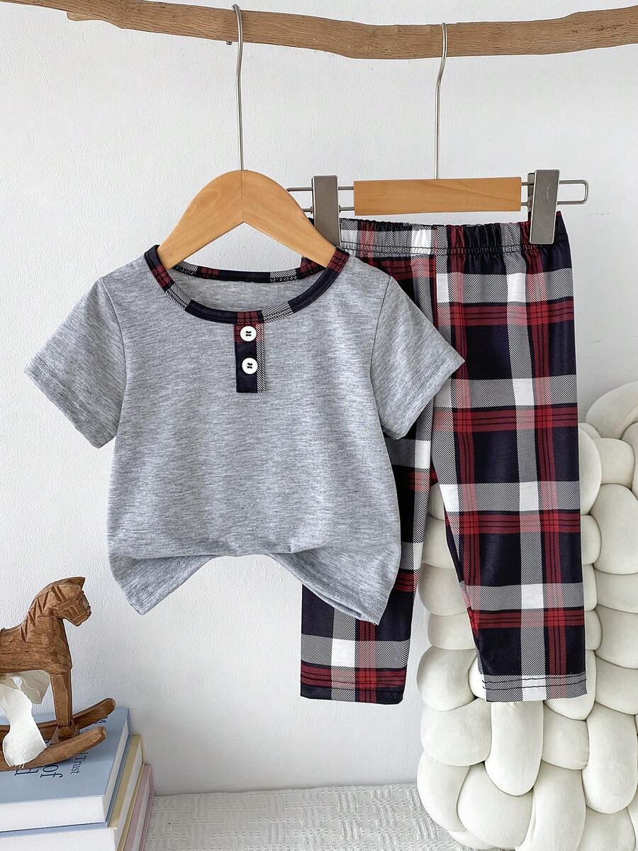 2pcs Baby/Toddler Boys' Casual Gray Short Sleeve Top And Plaid Print Pants Set, Summer Pajamas - Grey - View 1