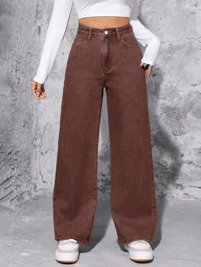 SHEIN PETITE Women's High Waist Pocketed Wide Leg Loose Casual Jeans,Shades Of Brown Autumn Streetwear Baggy Y2k Cowboy Pants For Any Occasion ,Petite Women