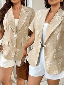 Vionelle 大码女式法式休闲优雅刺绣印花西装外套，女士度假短袖西装外套，夏季款 - 杏色 - 查看 3