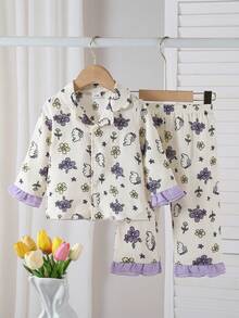 2pcs/Set Baby Girls' Long Sleeve Top And Pants, Purple Ruffle Hem Rabbit & Flower Pattern, Soft Woven Fabric Loungewear, Best Gift For Baby Girls - Multicolor - View 4