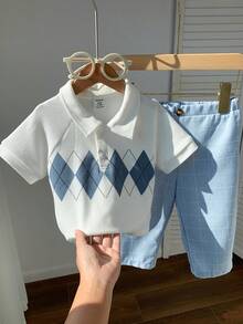 SHEIN 两件套男宝宝春夏学院风菱格纹短袖Polo衫及蓝色格子裤绅士套装，适合生日派对、锐舞派对、晚宴、演出、婚礼、迎婴派对、一周岁生日庆祝等场合。 - 彩色 - 查看 12