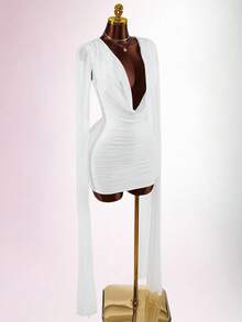 Amplova 女士纯色褶皱领长袖修身性感迷你连衣裙 - 白色 - 查看 9