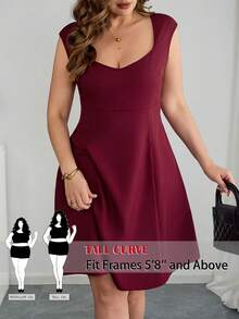 SHEIN Tall CURVE 大码女式纯色心形领短袖时尚连衣裙 - 紅色 - 查看 7