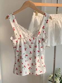 Comfortcana 女士夏季水果樱桃撞色蕾丝蝴蝶结装饰针织吊带背心，水果樱桃吊带衫，适合音乐节、度假季、派对、海滩、聚会等场合。 - 彩色 - 查看 2