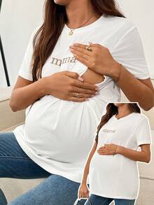 SHEIN 孕妇字母印花圆领短袖休闲哺乳上衣 - 白色 - 查看 1