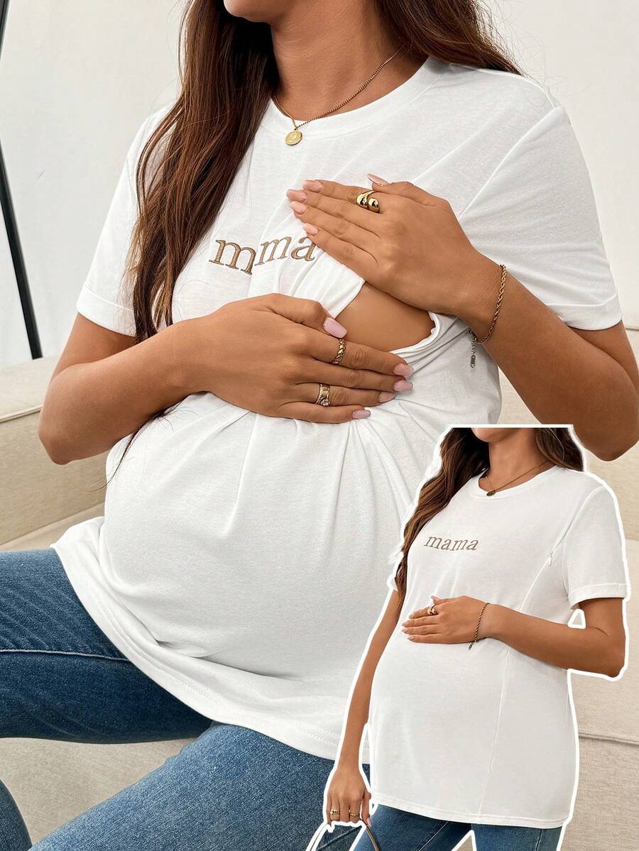 SHEIN 孕妇字母印花圆领短袖休闲哺乳上衣 - 白色 - 查看 1