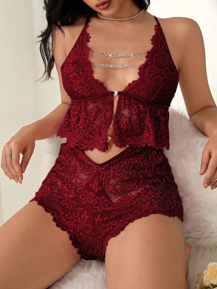 SHEIN Women's Lace Ruffle Trim Sexy Spaghetti Strap Sleepwear Set - Burgundy - View 1