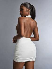 Amplova Đầm mini thời trang nữ màu trơn, xếp ly, cổ yếm, hở lưng, không tay, khoét eo - trắng - Xem 3