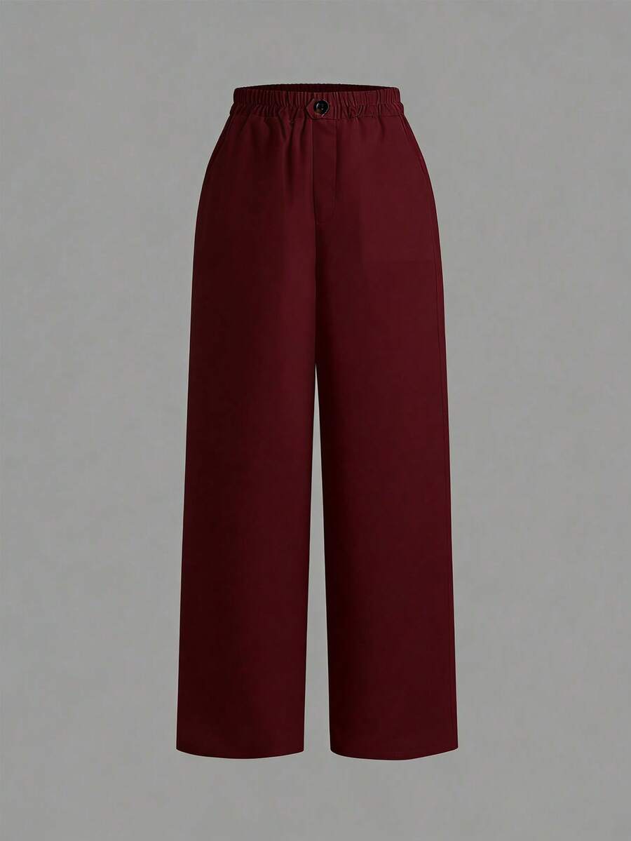 SHEIN Clasi 白色飘逸修身休闲直筒九分裤 - 紅色 - 查看 1