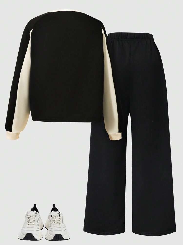 2pcs/Set Teenage Girls' Sporty Casual Outfit, Colorblock Round Neck Long Sleeve Letter Print Sweatshirt And Wide Leg Pants Teen Gtrls 2 Pc Pant Set - Black - View 2