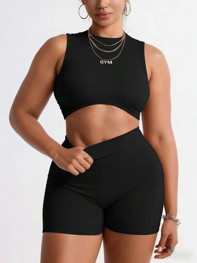 Rhythm Era 两件套女士加大码黑色瑜伽服，无缝针织背心和短裤，弹力高腰设计，适合跑步、骑行、健身、户外休闲运动