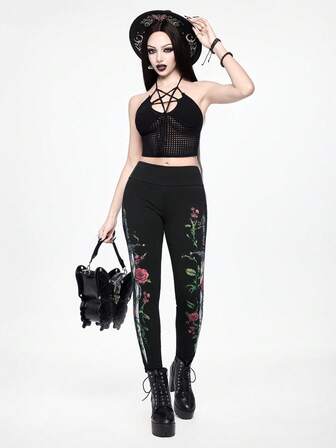 Goth Damen einfarbiges Trägertop mit Vorderbindung und Cut-Out-Muster, lässig