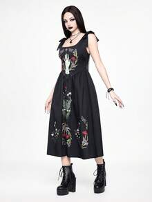 ROMWE Women's Mysterious Gothic Plant Palm Vine Print Sleeveless Dress - Black - View 4