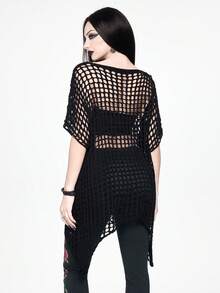 ROMWE Goth Áo len dệt kim lưới khoét lỗ màu đen dành cho nữ, kiểu dáng punk, tay áo cánh dơi dáng rộng, vạt áo không đều, thích hợp cho kỳ nghỉ biển, áo khoác ngoài. - màu đen - Xem 3