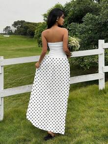 MainGRL Women's White Polka Dot Print Ruffle Hem Strapless Dress, Suitable For Vacation, Autumn Fashion, Wedding Guest Attire, Birthday Party, Outdoor Wear Strapless Maxi Dress Women White Polka Dot Dress Vacation Outfits Woman - Multicolor - View 6