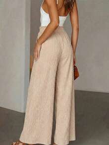 Almamuse 女士法式优雅纹理编织阔腿裤，轻松打造休闲夏日办公造型，高腰抽绳设计，显瘦效果，垂坠质感尽显休闲优雅。 - 杏色 - 查看 3