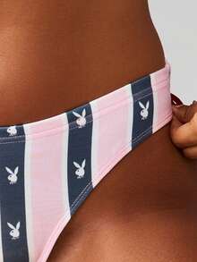 Missguided x Playboy Lenjerie intimă confortabilă cu imprimeu de bikini, tanga cu dungi orizontale și logo-ul iepurașului, pentru purtare zilnică și plajă de vară - Multicolor - Vizualizare 4