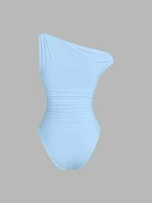 Sweetra Metal Decor Ruched Casual Bodysuit, Versatile For Spring/Summer,One Shoulder Bodysuit - Baby Blue - View 2