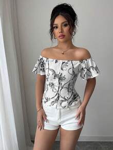 Elenzga Women's Summer Vacation, Floral Print Off Shoulder Ruffle Blouse Off Shoulder Tops For Women Off Shoulder Shirts - Black - View 5
