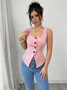 Selianne Women's Pink Button Decor Sleeveless Fashion Tank Top - Pink - View 3