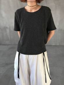 FRIFUL 女士圆领抽绳下摆纹理面料装饰短袖T恤 - 黑色 - 查看 3