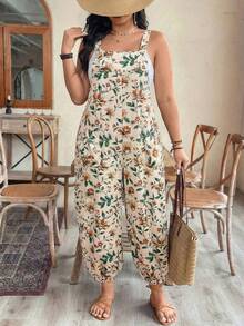 EMERY ROSE Bộ áo liền quần in họa tiết dành cho nữ cỡ lớn, có thể điều chỉnh eo, thời trang cho kỳ nghỉ xuân/hè. - Màu be - Xem 1