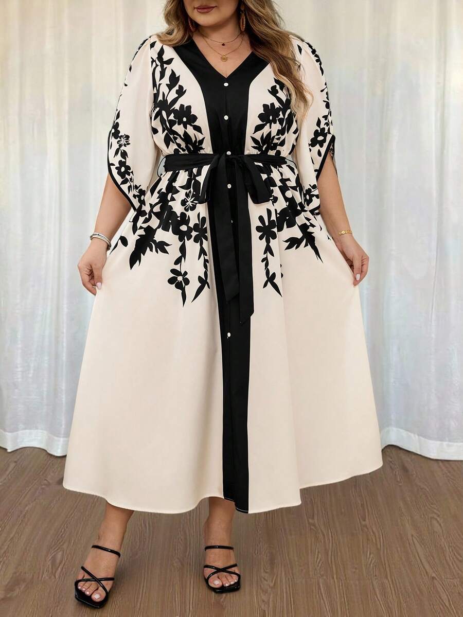 SHEIN CURVE+ Curve 尺码 US22 音乐节、海滨度假、波西米亚风女士撞色印花长连衣裙，印花腰带连衣裙 - 彩色 - 查看 1