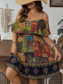 SHEIN VCAY 大码女式拼接印花露肩时尚连衣裙 - 彩色 - 查看 2