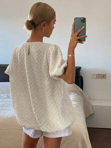 Livesso Women's Lace Puff Sleeve Loose Comfortable Blouse - White - View 3