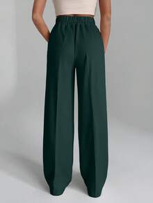 EURMUSE Women Solid Color Wide Leg Tie Front Detailed Pants - Green - View 2