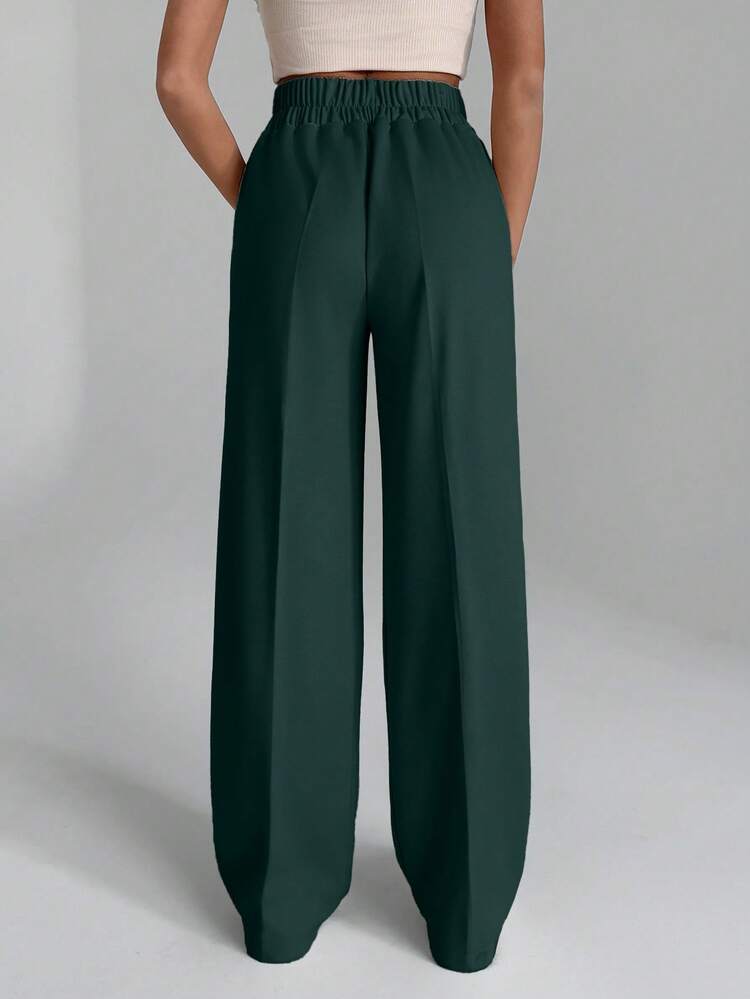 Women Solid Color Wide Leg Tie Front Detailed Pants - Green - View 2