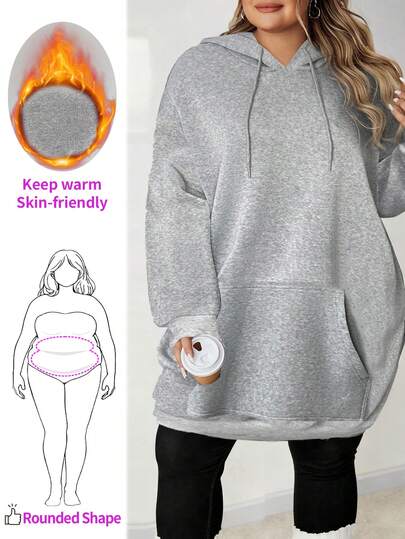 Enliva Plus Size Women's Long Hooded Sweatshirt, Pocket Detail Thermal Lined Long Sleeve Loose Fit Sweatshirt Fall Autumn Winter, For Apple Rounded Body Shape