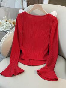 SHEIN ChicEase Elegant And Stylish T-Shirt   Slim-Fit With Flared Sleeves And Decorative Collar Trim   Long-Sleeved Round-Neck T-Shirt   Spring T-Shirt   Red Women's T-Shirt   Valentine's Day T-Shirt   Women's Elegant T-Shirt   Women's Party T-Shirt Cute Red Tops - Red - View 2