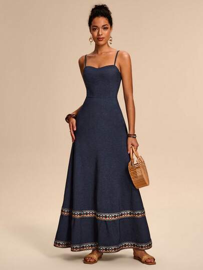 Eryvara Long Maxi Dress Stretchy Faux Denim Fabric A-Line Swing Fit Spaghetti Strap Sweetheart Neckline African Geometric Embroidery Trim Bohemian Vacation Retro Casual Style Blue Dresses For Women Summer Dresses For Women Vacation Outfits For Women Bohemian Holiday Outfits