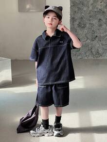 DAZY Tween Boy Letter Graphic Short Sleeve Denim Top And Denim Shorts Casual Outfit Summer - Blue - View 5