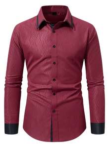 Manfinity Mode 男士商务休闲长袖单排扣条纹衬衫 - 酒紅色 - 查看 3