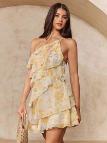 Enchnt Vestido mini con estampado floral elegante, con volantes en capas y espalda descubierta, estilo vacacional para mujer - Amarillo - Ver 6