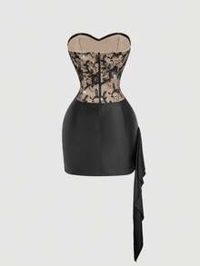 SHEIN MOD Đầm ngắn nữ đính cườm, thêu nhún, xếp ly, kiểu dáng thời trang, thích hợp dự tiệc, xòe rộng, ôm sát cơ thể, đầm ngắn màu đen, trang phục Giáng sinh cho nữ, đầm Giáng sinh màu đen. - Nhiều màu - Xem 2