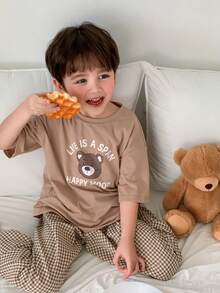 DAZY 男童可爱小熊印花短袖T恤和格子裤睡衣套装，夏季 - 卡其色 - 查看 3