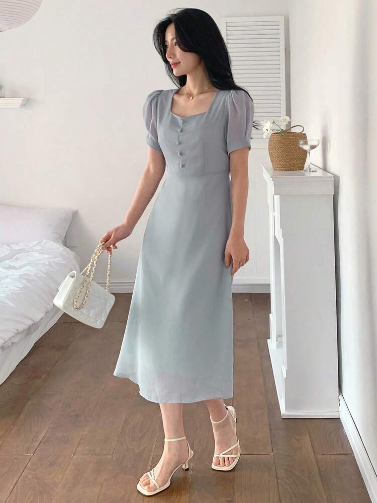 Women's Square Neck Waist Cinched Short Sleeve Chiffon Midi Dress Sundress