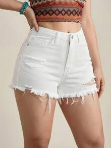 SHEIN Tall Women's Casual Solid Color Distressed Frayed Hem Fitted Denim Shorts, Summer - White - View 4
