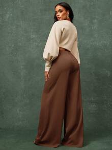 Vixey 女士纯色高腰褶裥优雅喇叭裤 - 棕色 - 查看 4