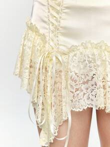 ROMWE Fairycore Minifalda asimétrica de encaje y parches de cintura baja para mujer, estilo vintage - Beis - Ver 7