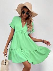 EMERY ROSE Women's Casual V-Neck Ruffle Hem Short Sleeve Dress, Summer Women's Dress Women's Summer Dresses Women Dress Resort Wear Women Vacation Dress Women Casual Dresses - Green - View 5