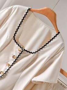 CosyJoli 大码女式方领短袖单排扣衬衫和短裤休闲两件套 - 杏色 - 查看 4