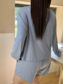 Dazy Plus 三件套：花卉撞色蕾丝开衫、长袖上衣和修身短款睡衣套装，优雅春夏睡衣 - 藍色 - 查看 2