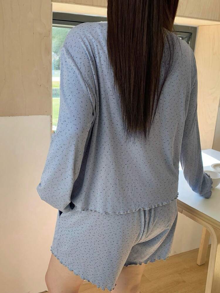 Dazy Plus 3pcs Floral Contrast Lace Cardigan, Long Sleeve Top, And Fitted Short Pajama Set, Elegant Sleepwear For Spring/Summer
